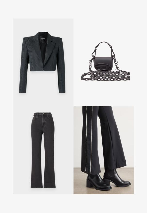 Kuttet svart blazer med teksturert mønster, strukturerte skuldrer og lange ermer. Har klassisk revers og enkelt krok-lukking.; Svart bomull T-skjorte med korte ermer, rund hals og liten hvit "Calvin Klein" logo på brystet. Glatt tekstur, klassisk passform.; Svarte høyt midje, utsvingte jeans laget av denim, med knappelukking, beltehemper og sidelommer. Glatt tekstur med minimal falming.; Sorte skinn ankle boots med blokkhæl, med elastiske sidepaneler. Kombinert med sorte bukser som har en hvit sidestripe.; Liten svart håndveske laget av glatt lær, med rund form, frontlogo og en teksturert kjedehåndtak.