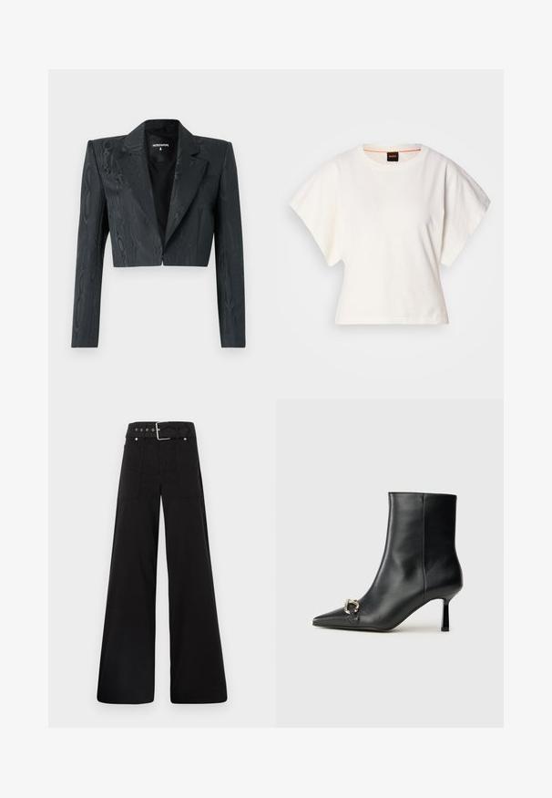Blazer noir coupé avec un motif texturé, épaules structurées et manches longues. Doté d'un revers classique et d'une fermeture à crochet simple.; T-shirt blanc cintré, manches courtes et larges, en coton doux, décolleté rond avec une discrète bordure orange, design minimaliste, sans motifs ni graphiques.; Pantalons larges noirs en coton, avec une taille haute, de grandes poches latérales et une taille ceinturée avec des accents en métal argenté.; Bottine en cuir noir avec un bout pointu, un talon moyen fin et un détail de boucle en argent sur le côté, se détachant sur un fond uni.