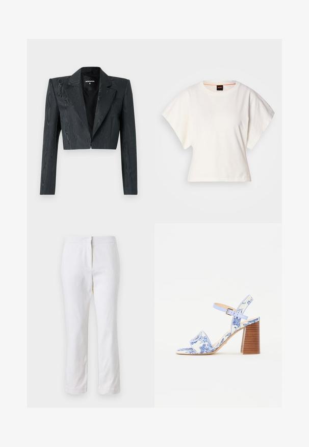 Zastrihnutý čierny blazer s textúrovaným vzorom, so štruktúrovanými ramennými aspoňami a dlhými rukávmi. Obsahuje klasický golier a jediné zapínanie na háčik.; Biely skrátený tričko, krátke široké rukávy, mäkký bavlnený materiál, okrúhly výstrih s jemným oranžovým lemovaním, minimalistický dizajn, bez vzorov alebo grafiky.; Biele bavlnené nohavice so striedmym strihom, s pásom strednej výšky a bez viditeľných kovových prvkov alebo vzorov. Hladká textúra po celom obvode.; Modré sandále s kvetinovým vzorom, so štvorcovou špičkou, širokým popruhom a nastaviteľným členkovým popruhom, s textúrovaným dreveným blokovým podpätkom.