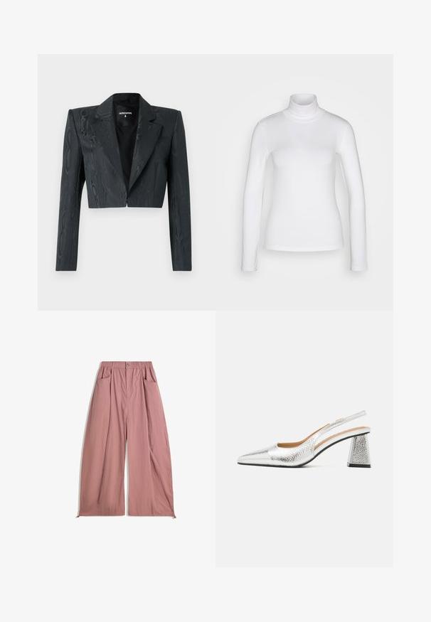 Lyhennetty musta bleiseri, jossa on rakenteelliset olkapäät ja pitkät hihat. Ominaisuuksiin kuuluu klassinen kaulus ja yksinkertainen koukkukiinnitys.; Valkoinen pitkähiha pliseepaidan, joka on valmistettu sileästä ja joustavasta kankaasta. Ominaisuudet tiukka istuvuus ja korkea kaulus. Ei näkyviä kuvioita tai koristeita.; Vapaat, korkeavyötäröiset housut pehmeästä ruusunpunaisesta kankaasta. Sisältää joustavyötärön, kaksi sivutaskua ja sileän, teksturoidun pinnan.; Hopeapintaiset slingback-kengät, joissa on teräväkärkinen muotoilu, tekstuurinen metallipinta ja kolmiomukoinen korko. Sisäosa sisältää ruskeita nahkayksityiskohtia.