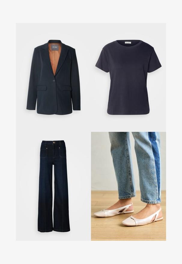 Mos Mosh SALLIE - Bleiser - salute navy; Tumed sinine puuvillane T-särk ümmarguse kaelusega, lühikeste varrukatega ja lõdva stiiliga. Sile tekstuur ja minimalistlik disain, ilma nähtavate mustriteta.; Laia lõikega tumesinised teksapüksid. Omavad ees taskuid, kuldse värviga riistvara ja kontrastset õmblust. Sile tekstuur ja lõdva kujundusega.; Kahvatu roosa slingback lapikute jalatsite paar, millel on terav varvas, valmistatud siledast nahataolisest materjalist. Omab külgedel lõikekohti ja lapikut kontsa.