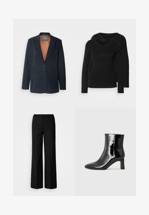 Mos Mosh SALLIE - Blejzer - salute navy; Dvoje čiernych košieľ s dlhým rukávom a výstrihom do V, vyrobených z mäkkej a elastickej látky, s jemnou textúrou a priliehavým strihom.; Čierne široké nohavice z hladkej tkaniny, s vysokým pasom, zúženými švami a minimalistickým dizajnom. Žiadne viditeľné kovové prvky alebo vrecká.; Čierne lakované členkové topánky s špicatou špičkou a stredne vysokým blokovým podpätkom. Hladká textúra a minimalistický dizajn.