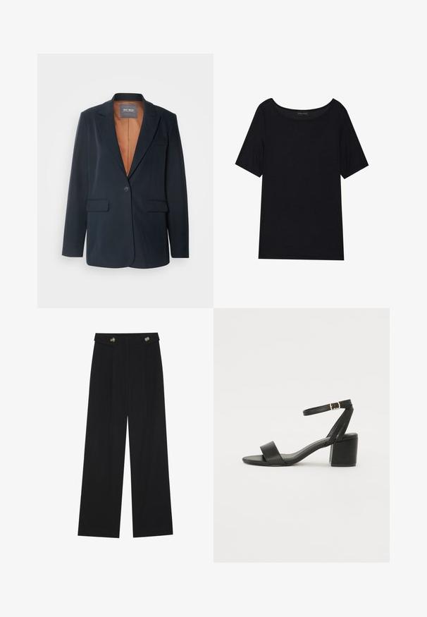 Mos Mosh SALLIE - Blejzr - salute navy; Černé tričko s krátkým rukávem a širokým výstřihem. Vyrobeno z měkké, lehké tkaniny. Jednoduchý design bez vzorů nebo doplňků.; Černé široké kalhoty s vysokým pasem, detailní knoflíky na pase a přední záhyby.; Černé sandály na vysokém podpatku s hladkým koženým svrškem, otevřenou špičkou, širokými předními pásky a nastavitelným páskem kolem kotníku se zlatou přezkou.