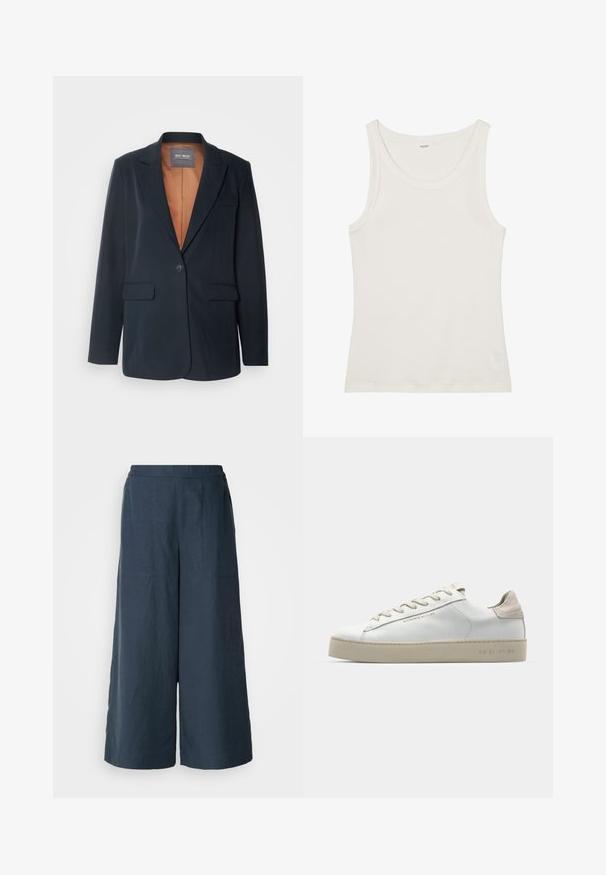 Mos Mosh SALLIE - Bleizeris - salute navy; Balta medvilnės marškinėliai be rankovių su plačiu kaklu ir plonomis petnešėlėmis. Lygus paviršius be matomų raštų ar papuošimų.; Platų kojų kelnės tamsiai mėlynos spalvos, pagamintos iš lengvos medžiagos. Turtinga šiek tiek tekstūruota paviršiaus, elastinga juosmens juosta ir priekiniai siūlai.; Balti odiniai sportbačiai su lygiu paviršiumi, šviesiai rudos suede akcentais, apvalia nosimi, plokščiu raištelių užsegimu ir tekstūruotu guma pagamintu padu.