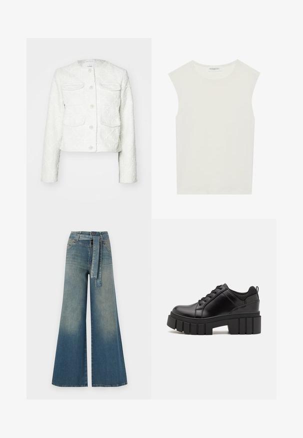 Valge lühikeste varrukatega jope, mis on valmistatud tekstuuriga kangast. Omab nelja taskut, nööpidega kinnitust dekoratiivsete detailidega ja ümmargust kaelust.; Valge ilma varrukateta topp ümmarguse kaelusega. Valmistatud siledast kangast, sellel on mugav lõige ja minimalistlik disain. Ei ole mustreid ega aksessuaare.; Laiad denimpüksid, millel on hele tume sinine gradiendiefekt, kõrge vöökoht, vöökumlid ja sobivast kangast vöö. Struktureeritud denimi viimistlus.; Must musta platvormsussid paksu plokkninal, ümmarguse varbaga ja traditsioonilise nööridega kinnitamisega. Sussid on sileda tekstuuriga ja minimaalsete detailidega.