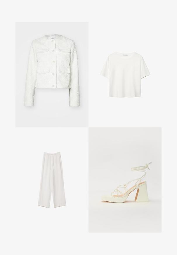 Biela skrátená bunda vyrobená z textúrovanej látky. Obsahuje štyri vrecká, zapínanie na gombík s dekoratívnymi akcentmi a okrúhly výstrih.; Biela krátkopsová tričko vyrobené z bavlny. Má okrúhly výstrih a voľný strih. Hladká textúra bez viditeľných vzorov alebo akcentov.; Biele široké nohavice vyrobené z ľahkej tkaniny. Obsahujú elastický pás so sťahovacou šnúrkou a bočné vrecká. Hladká textúra.; Biele sandále na vysokom opätku s hrubým podpätkom, s pruhovaným dizajnom a viazaním na členku. Hladký povrch s platformou vpredu pre zvýšenú výšku.