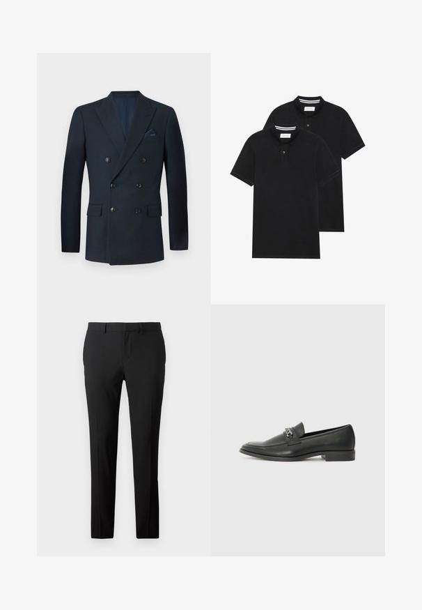 Blazer navy de doble botonadura hecho de tejido texturizado, con seis botones negros, dos bolsillos delanteros y un bolsillo en el pecho con un pañuelo de seda.; Dos camisetas polo negras, de manga corta, de material de algodón, que presentan un cuello clásico, una tapeta de dos botones y acentos de rayas blancas en el interior del cuello.; Pantalones negros a medida en una tela suave. Presentan un diseño de pierna recta, pliegues frontales y trabillas para cinturón para un tamaño ajustable.; Mocasín de cuero negro con un acabado suave, que cuenta con un diseño de costura y un acento decorativo de cadena de metal en el empeine. Tacón plano.