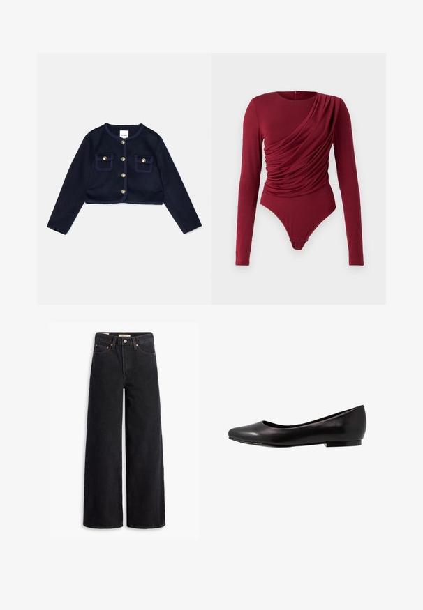 Giacca croppata navy con maniche lunghe, chiusure con bottoni dorati e due tasche frontali. Presenta un bordo intrecciato lungo il collo e i bordi delle tasche.; Body a maniche lunghe in un profondo rosso, con tessuto drappeggiato, scollatura a barca e chiusura a scatto sul fondo, realizzato in morbido materiale elasticizzato.; Jeans neri a gamba larga in denim, dotati di cinque tasche, rivetti in rame e chiusura con bottone classico. Texture liscia con un design pulito.; Ballerina nera realizzata in pelle lucida con punta arrotondata e suola bassa e piatta. Ha una texture liscia con un design semplice ed elegante.