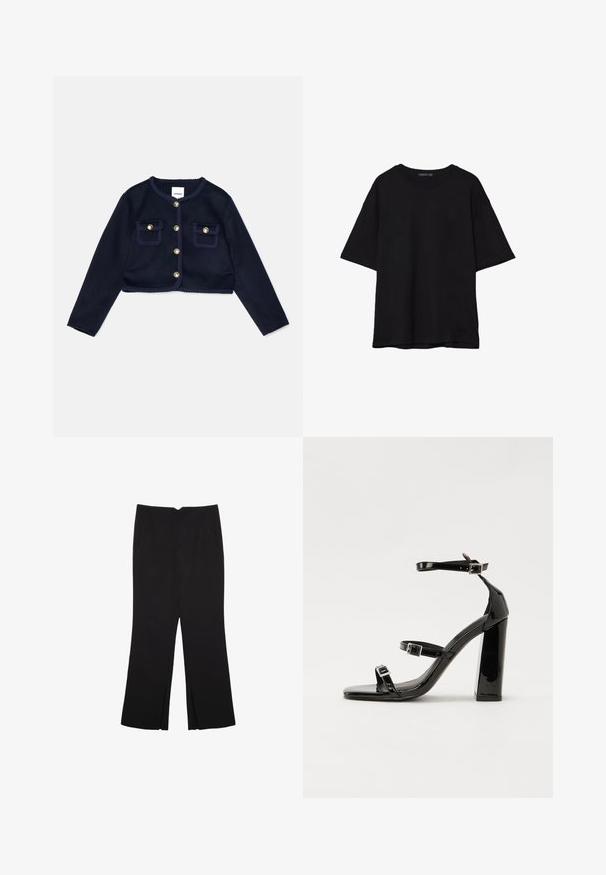 Mornarska kratka jakna z dolgimi rokavi, z zlatimi gumbnimi zapiranji in dvema sprednjima žepoma. Ima pleteno obrobo ob izrezu in robovih žepov.; Črna bombažna majica s sproščenim krojem, kratkimi rokavi, zaobljenim izrezom in gladko teksturo. Brez vidnih vzorcev ali dodatkov.; Črne hlače ravnega kroja z naglavnimi žepi in stranskimi razporki na robu. Narejene iz mehke, gladke tkanine. Primerne za različne priložnosti.; Črne lakirane sandale s peto, kvadratnim prstom, trakovi okrog gležnja in srebrnimi zaponkami. Opremljene so s stabilno Debelo peto.