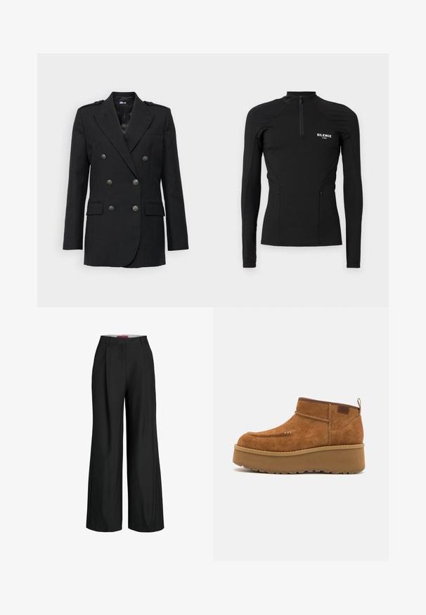 The Kooples VESTE COSTUME - Blazer - black; Haut de sport noir à manches longues en matériau extensible, avec un col zippé sur un quart, des poches latérales et le logo "SILENCE" sur la poitrine.; Pantalons larges noirs au design impeccable, dotés de plis et d'une texture de tissu lisse. Lignes épurées sans matériel ou accents visibles.; Bottines en suède marron avec un embout arrondi, une semelle compensée et un détail cousu. Elles sont dotées d'une languette à l'arrière pour un enfilage facile.