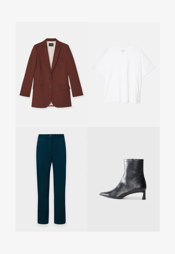 Blazer marrón de tela texturizada, con solapa de pico, dos bolsillos frontales, dos botones y forro de lunares.; Camiseta de algodón blanca con mangas cortas, escote redondo, corte relajado y dobladillo cosido. Etiqueta visible en el interior del cuello.; Pantalones de color verde oscuro con un diseño de pernera recta, que presentan un cierre de botón, bolsillos frontales y están confeccionados en una suave tela de algodón.; Botín de cuero negro hasta el tobillo con punta afilada y un diseño elegante. Presenta un tacón bajo y un cierre con cremallera en la parte trasera. Textura suave.