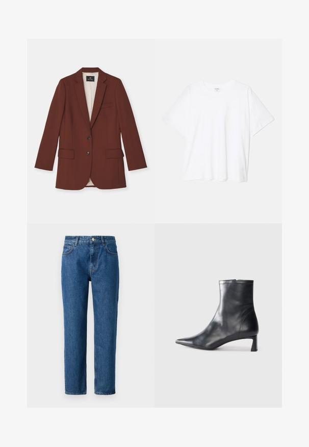 Brown blazer made of textured fabric, featuring a notched lapel, two front pockets, two buttons, and a polka dot lining.; White cotton t-shirt with short sleeves, round neckline, relaxed fit, and stitched hem. Label visible on the inside neck.; Blue denim jeans with a straight-leg cut, featuring a button closure, belt loops, and front pockets. Made from textured cotton fabric.; Black leather ankle boot with a pointed toe and a sleek design. Features a low heel and a zipper closure at the back. Smooth texture.