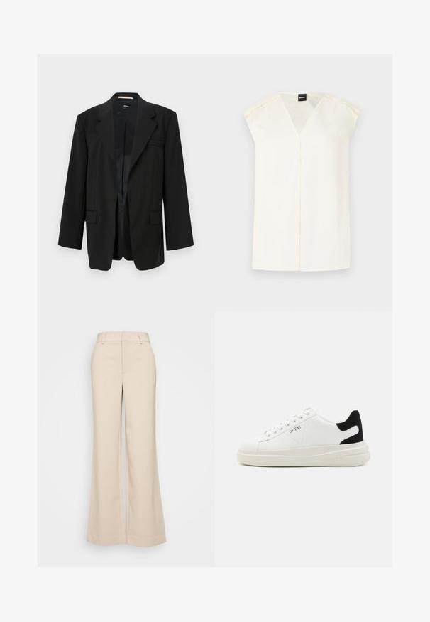 Juodas švarkas su įpjovimu, vienu mygtuku ir dviem priekiais kišenėmis. Pagamintas iš sklandaus audinio, su tvirtu pritaikymu ir vidine pamušalu.; Kreminė V formos palaidinė su trumpomis rankovėmis, pagaminta iš lygaus audinio. Su centriniu siūlu ir subtiliu siuvinėjimu palei pečių siūles.; Bežiniai plačios kojos kelnes su lygiu paviršiumi, turinčios aukštą liemenį ir dvi priekinės kišenes. Švarus dizainas su pritaikytu siluetu.; Baltos odinės sportbačiai su storu baltu padu, juodu nubuko kulno akcentu ir iškilmingu logotipu šone. Su raišteliais, turinčiais šešis akinius.