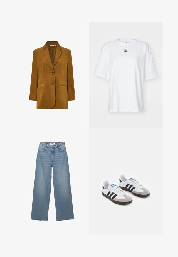 Bruine ribfluweel blazer met een gesneden revers, twee voorkruiken, een enkele knoopsluiting en een gladde binnenvoering.; Witte korte mouwen t-shirt van katoen. Voorzien van een ronde hals en een klein zwart Adidas-logo op de borst. Rechthoekige zoom.; Lichtblauwe wijde jeans van denim. Heeft een hoge taille, vijf zakken en een rechte pasvorm met minimale vervaging.; Sportschoenen met een witte leren bovenkant, grijze suède neus en drie zwarte strepen. Bevat een blauw logo op de tong en een gestructureerde rubberen zool.