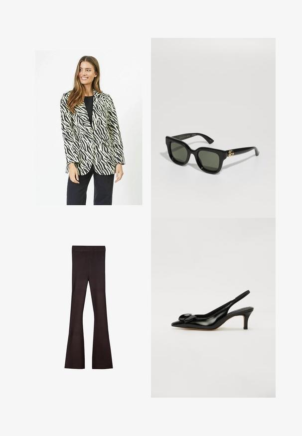 Fekete-fehér csíkos zebranyakú blézer egy gombos záródással, két elülső zsebbel és testre szabott fazonnal. Simább szövet textúra.; Fekete bordázott ujjatlan felső négyzet alakú nyakkivágással és vékony, állítható pántokkal. Az anyag texturált mintázattal és testhezálló fazonnal rendelkezik.; Bershka Nadrágok - dark brown; Fekete lakkbőr, pántos sarokcipő hegyes orral, kis tűsarkúval, és egy feltűnő masnival a cipő elején. Simaság és elegáns kialakítás jellemzi.; Fekete téglalap alakú napszemüveg sötétzöld lencsékkel. Fényes műanyag kerettel és arany színű fém díszítésekkel az oldalán.; Fekete krokodilbőr hatású kézitáska ívelt formával, levehető vállpánttal és egy elegáns fém díszítéssel az elején.