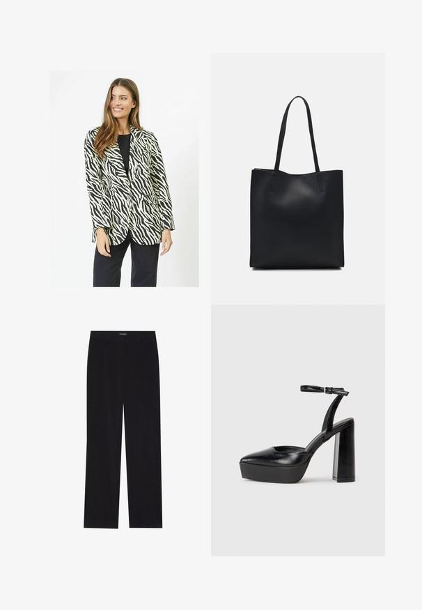 Mustvalge zebra-ribadega bleiser ühe nupu sulgemisega, kahe esipocketiga ja kohandatud lõikega. Sile kangatekstuur.; Must muströöpidega must puuvillane T-särk, vasakul rinnal on väike roosa liblikas. Ümar kaelus ja vabalt istuv lõige.; Mustad sametpüksid sirge lõikega, lame vöökoht, ilma nähtavate taskuteta, sile tekstuur ja vertikaalne soonikute detail.; Mustad platvormi kontsad terava ninaga ja reguleeritava pahkluuraamiga. Valmistatud siledast nahast, funktsioneerib massiivse plokknäheeliga.; Mustast nahast kott sujuva tekstuuriga, ristkülikukujuline ja kahe pika sangaga. Pole nähtavat riistvara ega kaunistusi.