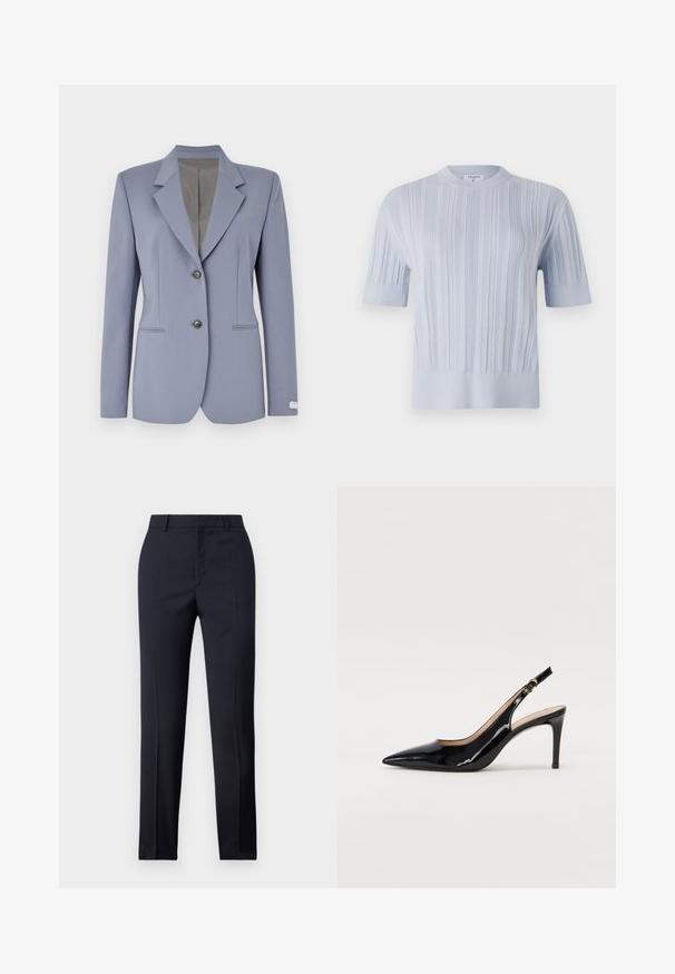 Light blue blazer with a notched collar, two front buttons, and subtle pinstripe detailing. Made from smooth fabric with two side pockets.; Light blue short-sleeved knit top featuring vertical ribbed texture and a crew neckline. The fabric shows subtle detailing with a fitted hem.; Navy tailored trousers with a straight cut, featuring a smooth texture, two front pockets, and a clean waistband.; Black patent leather slingback pump with pointed toe, slim heel, and a subtle cutout design. Features a gold buckle on the strap.