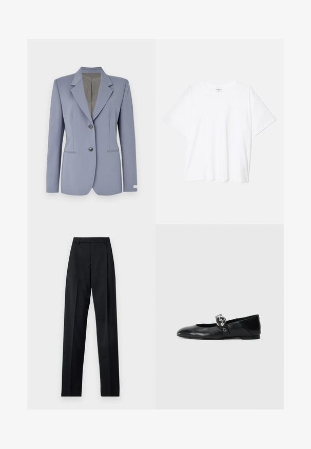 Light blue blazer with a notched collar, two front buttons, and subtle pinstripe detailing. Made from smooth fabric with two side pockets.; White cotton t-shirt with short sleeves, round neckline, relaxed fit, and stitched hem. Label visible on the inside neck.; Black trousers made from smooth fabric featuring a high waist, wide legs, front pleats, and classic belt loops. No side pockets visible.; Black leather ballet flats with a pointed toe, featuring a strap with a circular metallic buckle and a flat sole.