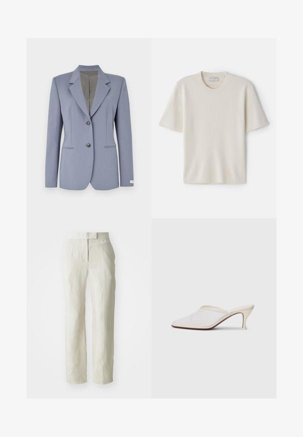 Heleheline bleiser, millel on sakiline krae, kaks eesmist nööpi ja diskreetne triibuline detail. Valmistatud siledast kangast, millel on kaks külge taskut.; Kreem värvi lühikeste varrukatega T-särk ümmarguse kaelusega, valmistatud pehmest materjalist, omades sirget lõiget ja minimaalseid detailide rõhutusi.; Valged linased püksid hoolikalt kohandatud lõikega, millel on siledad esipaneelid ja sirged sääred. Sile tekstuur kerge kortsude detailiga.; Valge võrkmaterjalist teravatoa mulli king, millel on peen keskmise kõrgusega konts ja libisev disain, tühjal taustal.