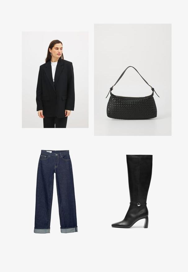 Musta bleiseri, jossa on muotoiltu malli, yksittäinen nappi, kaulussyöte ja kaksi etutaskua. Päälle puettuna valkoinen paita.; Epämuodollinen musta toppi, joka on valmistettu sileästä kankaasta. Tässä on poimutettu muotoilu ja kultasävyinen varustesävy yhdellä puolella.; Tummansiniset farkut leveällä lahkeella, joissa on taitettu helma ja perinteinen viisi taskua -tyyli. Viimeistelty kultaisilla ompeluaksenteilla.; Musta nahkainen polvipitkä saappaat, joissa on terävä kärki ja massiivinen korko. Saappaissa on hihna, jossa on pyöreä yksityiskohta nilkan kohdalla.; Mustan kudotun olkalaukun, jossa on sileä nahkahihna ja vetoketjukiinnitys. Mahdollistaa teksturoituneen pinnan ja kaarevan muodon.