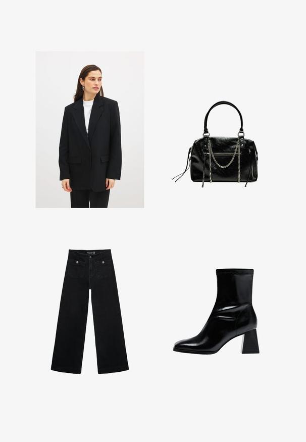 Svart blazer med skräddarsydd passform, enknappsstängning, knapphålsklaffar och två framfickor. Bärs över en vit topp.; Svart kortärmad bodysuit med rundad halsringning och högskurna benöppningar, tillverkad av ett mjukt, stretchigt material.; Svart vida jeans med hög midja, med två framfickor och metalldetaljer i form av knappar. Tyget har en mjuk textur.; Svart ankelboot tillverkad av mjukt läder. Har en blockklack med ett strukturerat, ribbat mönster och en elegant, avsmalnande tådesign.; Bershka WITH CHAIN - Handväska - black