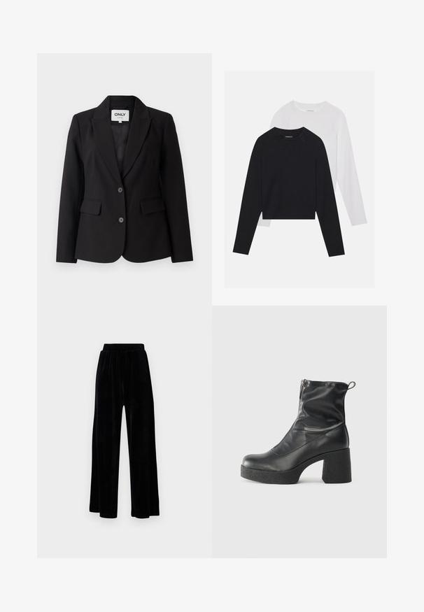 Blazer nero con rever a scomparsa, design monopetto, due tasche frontali e due bottoni neri. Tessuto liscio con vestibilità su misura.; Due camicie a maniche lunghe: una nera e una bianca. Entrambe presentano un col a girocollo, maniche raglan e un morbido tessuto in misto cotone.; Pantaloni neri a gamba larga realizzati in morbido velluto, dotati di una cintura elastica e una superficie liscia, senza dettagli o motivi visibili.; Stivali neri alla caviglia in pelle liscia, con zip laterale, tacco spesso e texture, e punta arrotondata.