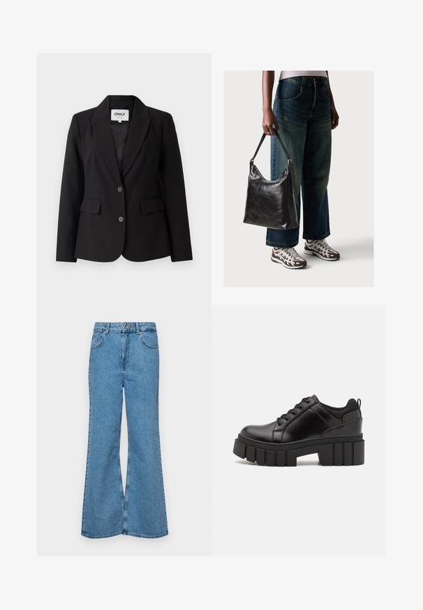 Svart blazer med kilekrage, ensfargede design, to frontlommer og to svarte knapper. Glatt stoff med skreddersydd passform.; Svart bomulls T-skjorte med korte ermer, med en liten rosa sommerfugl grafikk på venstre bryst. Crew-neck design med en avslappet passform.; Lyseblå vide jeans laget av denim, med høyt liv, fem lommer og en enkelt knappelukking. Myk tekstur med falmet finish.; Svarte lærplattformsko med kraftig blokkhell, rund tå og tradisjonell snøring. Har en jevn tekstur og minimal detaljering.; Sort skinnveske med en glatt tekstur og justerbar stropp, kombinert med falmede vide jeans og atletiske sneakers.