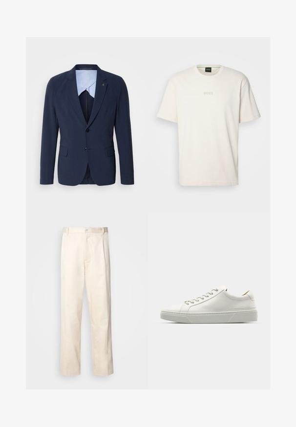 Navy blazer with a tailored fit, single button closure, two front pockets, and light blue interior lining. Features a subtle logo detail.; BOSS TEE - Basic T-shirt - open white; Beige cotton trousers with a straight-leg cut, featuring a button closure and pleats at the front for added detail.; White leather sneaker with a rounded toe, minimalist design, grey laces, and a textured grey rubber sole. Subtle stitching details visible.