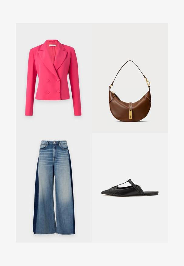 Kaksikordne bleiser eredat roosat värvi, millel on struktureeritud disain, teravad kraed ja kaks ümmargust nuppu sulgemiseks. Sile kangastekstuuri.; Valge pika käisega krae särg, mis on valmistatud puuvillast. Omab nööbipaneeli esiosa ja ühte rinna taskut. Sujuv tekstuur, vabalt lõigatud.; Laiadegused teksad, millel on kahes toonis disain: helesinine esiosa ja tumehall küljepaneel. Klassis tugihihn ja nupuga sulgemine.; Must kuulsad nahast kandadega kingad, millel on terav nina, koos kootud detaili ja volditud ülaosaga. Lame tald minimaalse riistvaraga.; Pruun nahkne õlakott, millel on kumer kuju, kuldne riistvara, ülemise klapi detail ja logo aktsent. Sile tekstuur ja õmmeldud servad.