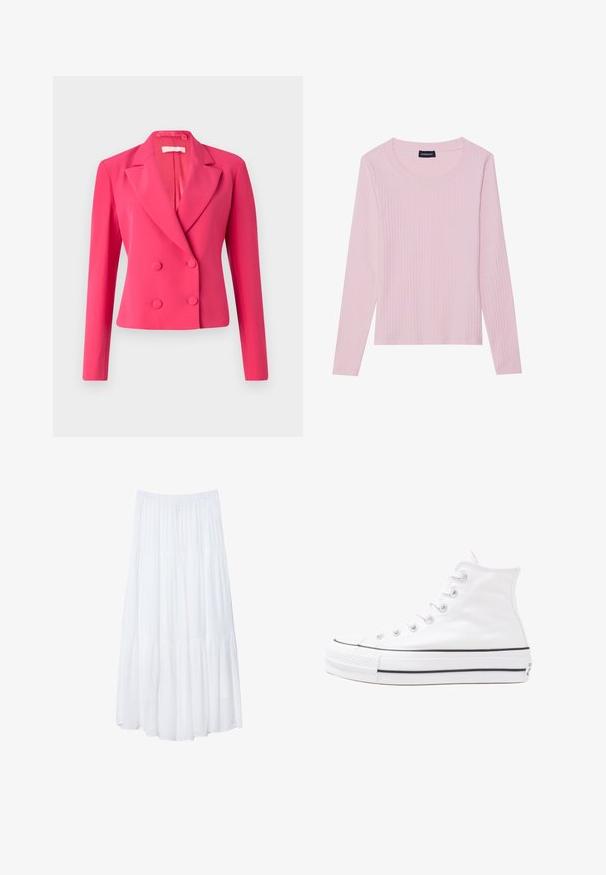 Dvouřadový blejzr v jasně růžové barvě s pevnou strukturou, ostrými klopami a dvěma kulatými knoflíky na zapínání. Hladká textilie.; Světle růžový dlouhý rukáv top z pletivého materiálu s kulatým výstřihem a přiléhavým střihem. Vyrobeno z měkké, texturované tkaniny. Minimalistický design, bez vzorů.; Bílá, vrstvená maxi sukně vyrobená z lehkého materiálu. Má elastický pas a volný střih s jemnou, subtilní texturou.; Bílé vysoké plátěné tenisky s černou gumovou podrážkou, přední gumovou špičkou a šesti očky na tkaničky, se čistým, minimalistickým designem.