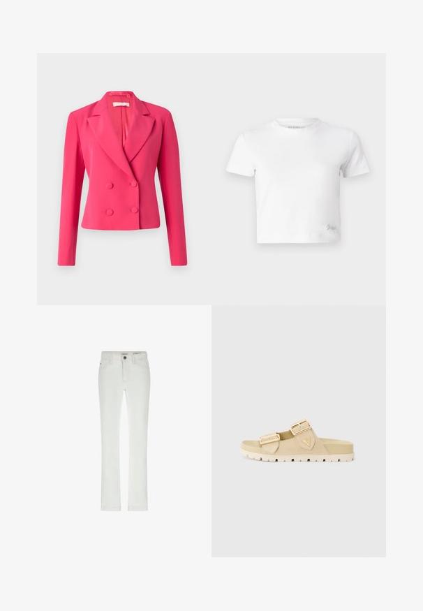 Dvigubos sagtys švarkas ryškiai rožinės spalvos, pasižymintis struktūrišku dizainu, aštriais atlapais ir dviem apvaliais mygtukais užsegimui. Lygi audinio tekstūra.; Balta trumpa marškinėlių suapvalinta iš lygios medvilnės, su aukštu iškirpimu ir trumpomis rankovėmis. Mažas išsiuvinėtas logotipas apatinėje kampe.; Balti džinsai su siauru siluetu, 5 kišenėmis ir kontrastingomis siūlėmis. Yra sagos uždarymas ir subtilus prekės ženklas ant liemens.; Bežinės šlepetės su dviem reguliuojamais auksiniais sagtimis, minkštu zomšiniu viršumi, tekstūruotu padu ir vidutiniu platformos aukščiu patogumui.