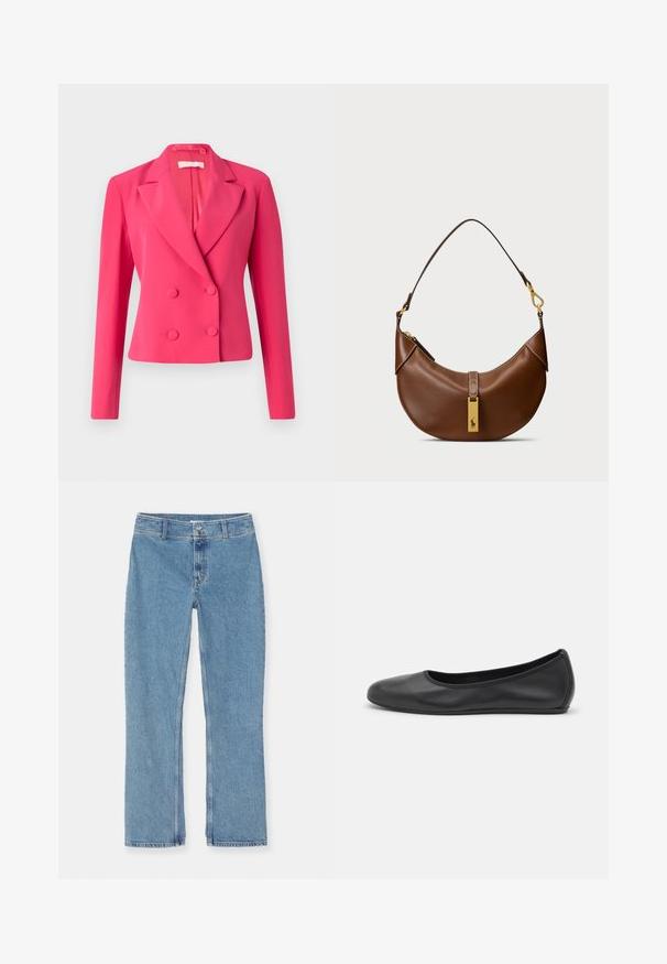 Kaksirivinen bleiseri kirkkaan vaaleanpunaisena, jossa on jämäkkä muotoilu, terävät läpät ja kaksi pyöreää nappia kiinnitystä varten. Sujuva kankaan pinta.; Valkoinen lyhythihainen t-paita, joka on valmistettu ribbytedusta kankaasta. Pyöreä pääntiie, normaali istuvuus ja hienovaraiset ompeluyksityiskohdat. Ei kuvioita tai grafiikkaa.; Vaaleansinisiä suoria farkkuja nappi- ja vetoketj closures, vyölenkit ja tavallinen ommel valkoista taustaa vasten.; Musta nahkainen ballerina, jossa on pyöristetty kärki, sileä pinta, minimaalinen ommelkoristelu ja joustava pohjamuotoilu.; Ruskea nahkainen olkalaukku, jossa on kaareva muoto, kultaiset yksityiskohdat, yläklipsi ja logotaitto. Sujuva tekstuuri, jossa on ommellut reunat.