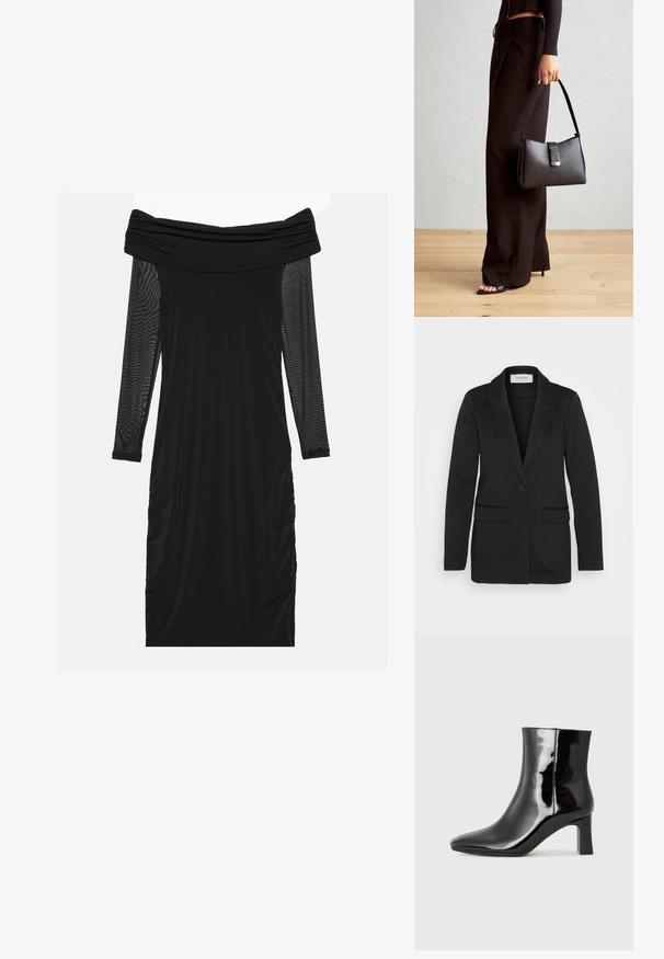 Black blazer made of soft fabric, featuring a single button closure, notched lapels, and two front pockets with no embellishments.; Black off-the-shoulder dress with long sheer mesh sleeves, ruched sides, smooth fabric, and a fitted silhouette.; Black patent leather ankle boot with a pointed toe and a mid-height block heel. Smooth texture and minimalist design.; Black handbag with structured shape, smooth texture, and a metallic clasp. Paired with wide black pants and open-toe sandals on wooden floor.