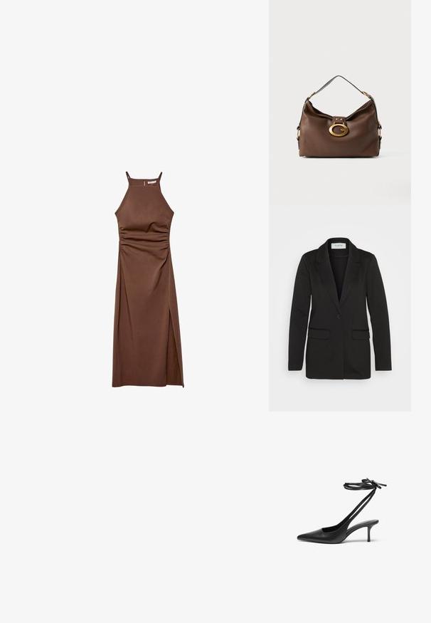 Czarna marynarka wykonana z miękkiego materiału, z pojedynczym zapięciem na guzik, klapami oraz dwoma przednimi kieszeniami, bez zdobień.; Stradivarius - Sukienka etui; Czarny skórzany but na wysokim obcasie w kształcie szpilki, z ostro zakończonym noskiem, otwartą tylnią częścią i zapięciem na kostkę związanym w kokardę. Smukły obcas o wysokości 3 cali. Gładka faktura, minimalistyczny design.; Brązowa skórzana torebka o teksturowanym wykończeniu, z zapięciem w kolorze złota i pojedynczym, zakrzywionym paskiem na ramię.