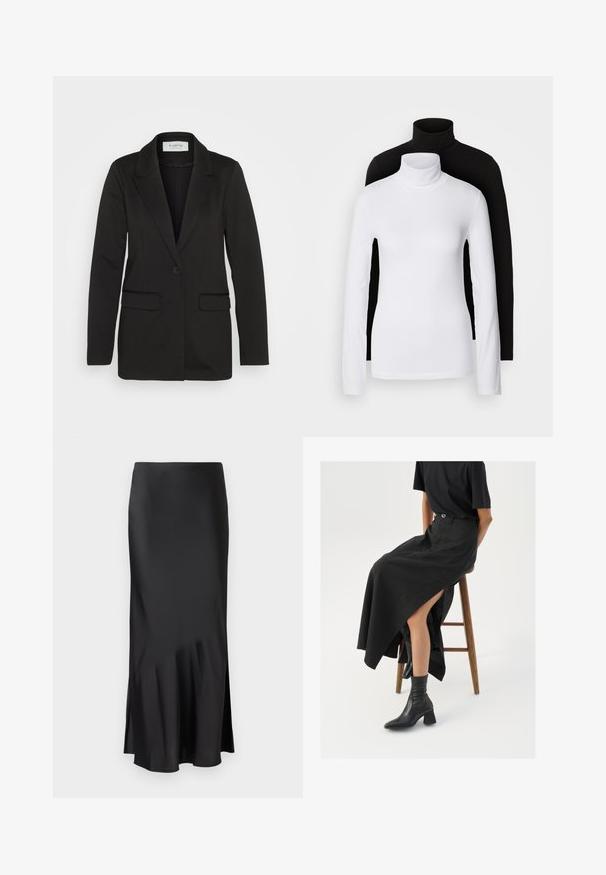 Črn blazer iz mehkega blaga, z enim gumbom, zarezano ovratnikom in dvema sprednjima žepoma brez okrasnih dodatkov.; Dva dolge rokave turtleneck majice, ena bela in ena črna, izdelani iz gladkega, raztegljivega materiala, oba imata slim-fit kroj in visoke ovratnike.; Črna satenska midi krila z elegantnim dizajnom, ki ima rahlo razširitev na robu in stranski razporek za enostavno gibanje. Gladka tekstura.; Črna lanena maxi krilo z visokim razporkom, oblečeno s črno majico in črnimi gležnjarji. Minimalističen dizajn z udobnim krojem.