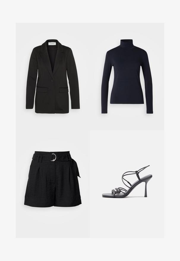 Black blazer made of soft fabric, featuring a single button closure, notched lapels, and two front pockets with no embellishments.; Navy turtleneck long-sleeve top. Made from soft fabric with a smooth texture. Features a fitted design and high collar without visible seams.; Black shorts made of textured fabric, featuring a belt with a silver circular buckle, pleats at the front, and a tailored cut.; Black high-heeled sandals feature thin straps with a knotted design, a smooth square toe, and a sleek stiletto heel.