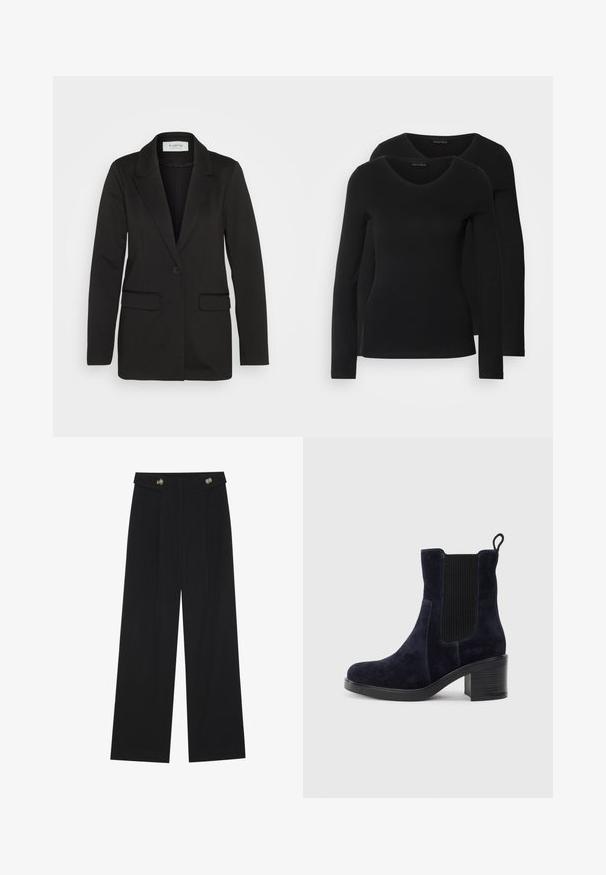 Juodas švarkas pagamintas iš minkštos medžiagos, su vienu mygtuko užsegimu, įpjautais atvartais ir dviem priekinėmis kišenėmis, be dekoratyvinių elementų.; Du į juodas ilgomis rankovėmis marškiniai su V formos iškirpte, pagaminti iš minkštos, tamprios medžiagos, rodantys lygią tekstūrą ir prigludusią formą.; Juodi plačios kojos kelnės su aukštu liemeniu, sagų detalėmis ant liemens ir priekinėmis raukšlėmis.; Tamsiai mėlynos suknelės odos aulinukai iki kulkšnių su elastingu šoniniu paneliu, apvaliu pirštu ir bloko kulnu. Tekstūruota medžiaga ir lygi padas suteikia kontrastą.