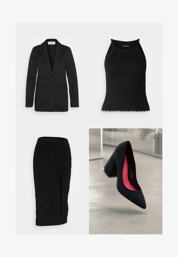 Melnā žakete, kas izgatavota no mīkstas auduma, ar vienu pogu aizdari, iegrieztām atloks un divām priekšējām kabatām bez dekoratīviem elementiem.; Melna ribota topiņa ar izšūtu mežģīņu apdari apakšmalā. Iezīmē plānas siksniņas un pielāgotu piegriezumu. Izgatavota no stiepjama auduma.; Melna, ručām veidota zīda svārku ar saišu detaļu un sānu izgriezumu. Izgatavota no elastīga auduma, ar gludu tekstūru un pieguļošu dizainu.; Melna augsta papēža kurpe ar smailu purngalu, teksturētu virsmu un dzīvespriecīgu rozā interjeru. Satur masīlu papēdi ar sudraba akcentu.