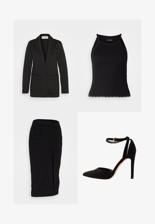 Musta bleiseri, joka on valmistettu pehmeästä kankaasta. Siinä on yksi nappi kiinnitys, viistot kaulukset ja kaksi etutaskua ilman koristeita.; Mustan ribbitoppi, jonka helman reunassa on aaltoileva pitsi. Ominaisuuksina ohuet hihnat ja tiukka malli. Valmistettu joustavasta kankaasta.; Musta, rypytetty kynähame, jossa on solmuseikkaus ja sivurako. Valmistettu joustavasta kankaasta, joka tarjoaa sileän pinnan ja vartaloon kiinnittyvän muodon.; Mustat mokkakengät korkeilla koroilla, kärki terävä, nilkkahihnalla ja stiletto-korko. Suunnittelussa on sileä pinta ja vähäisiä yksityiskohtia.