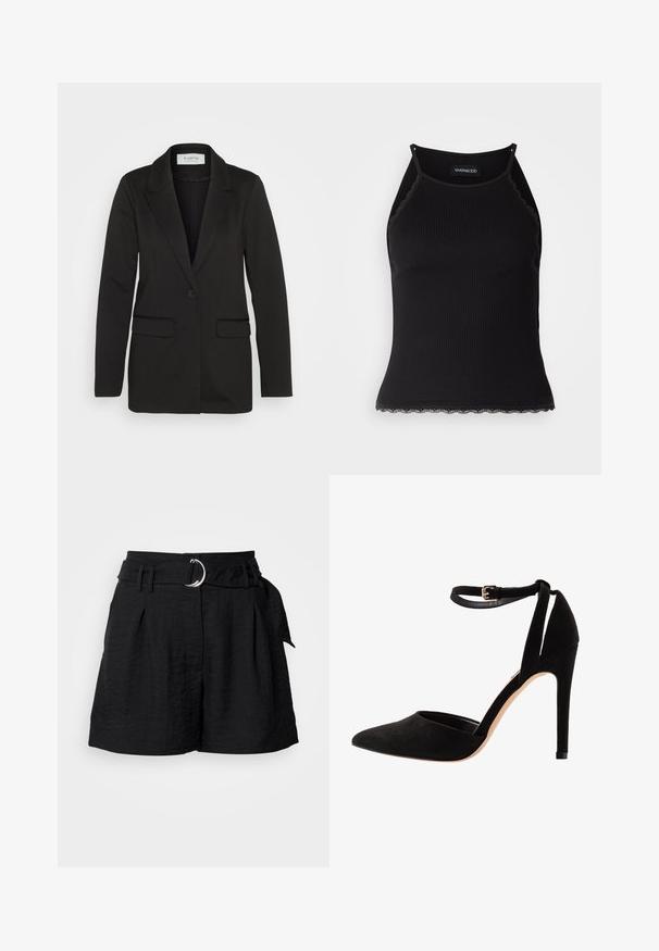 Blazer nero realizzato in tessuto morbido, con chiusura a un bottone, revers a punta e due tasche frontali senza decorazioni.; Top in maglia nera a coste con bordo in pizzo ondulato all'orlo. Presenta spalline sottili e un design aderente. Realizzato in tessuto elasticizzato.; Pantaloni neri realizzati in tessuto testurizzato, dotati di una cintura con una fibbia circolare in argento, pieghe sul davanti e un taglio sartoriale.; Scarpe con tacco alto in morbida pelle scamosciata nera, con punta affusolata, cinturino alla caviglia e tacco a spillo. Il design presenta una texture liscia con decorazioni minime.