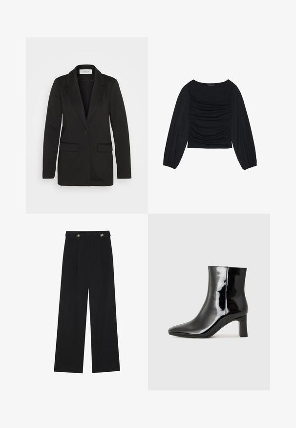 Black blazer made of soft fabric, featuring a single button closure, notched lapels, and two front pockets with no embellishments.; Black long-sleeve top featuring gathered fabric detail at the front and wrists, made of soft, stretchy material with a boat neckline.; Black wide-leg trousers with high waist, button details on waistband, and front pleats.; Black patent leather ankle boot with a pointed toe and a mid-height block heel. Smooth texture and minimalist design.