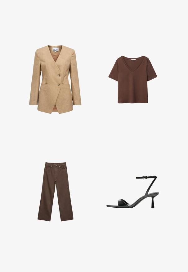 Beige bleiseri, jossa on viisteelliset kaulukset, yksirivinen muotoilu, kaksi nappia ja sivutaskut. Kankaan rakenne on tekstuuri, ja sisävuori on sileä.; Ruskea puuvillapaita, jossa on lyhyet hihat ja syvä V-kaula-aukko. Yksinkertainen muotoilu, pehmeä rakenne ja suora helma. Ei kuvioita tai yksityiskohtia.; Leviittävät ruskeat farkut, jotka on valmistettu denimistä, korkea vyötärö, etutaskut ja klassinen nappikiinnitys. Silkkinen pinta hienovaraisella ompelutyöllä.; Bershka Korolliset sandaalit - black