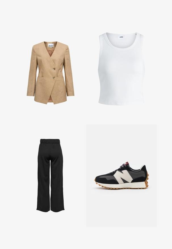 Blazer beige con rever a punta, design monopetto, due bottoni e tasche laterali. Tessuto texture con una fodera interna liscia.; Canottiera bianca a coste con scollatura rotonda, senza maniche e lunghezza cropped. Etichetta con la scritta "JJXX". Tessuto di texture liscia.; Pantaloni neri a gamba larga con cintura elastica, realizzati in tessuto liscio. Presentano un design pulito senza tasche o dettagli di cucitura visibili.; Sneaker in suede nero e grigio con un grande logo "N" color crema, lacci viola e una suola esterna in gomma gommosa texturizzata.