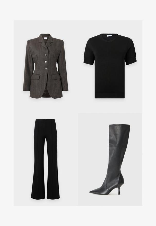 Blazer de rayas gris oscuro con tres botones frontales, cuello con muesca, dos bolsillos con solapa y un bolsillo en el pecho, ajuste entallado.; Top negro de manga corta tejido con cuello redondo. Presenta detalles sutiles acanalados en las mangas y el dobladillo, confeccionado con una tela suave.; Pantalones acampanados negros de cintura alta, fabricados en tejido elástico. Presentan detalles de costura vertical en la parte delantera y una textura suave.; Botas de cuero negro hasta la rodilla con punta afilada y tacón de aguja delgado. Textura suave con un diseño ajustado y costuras en el borde superior.
