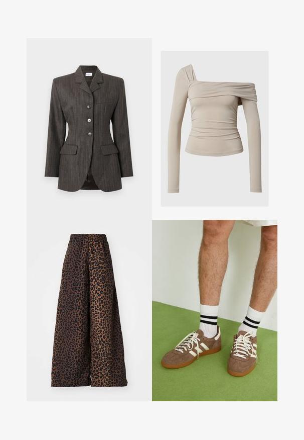 Blazer gris foncé à rayures fines avec trois boutons sur le devant, col à revers, deux poches à rabat et une poche poitrine, coupe ajustée.; Top beige à manches longues avec un design décolleté, présentant une texture froncée et une silhouette ajustée. Tissu lisse et extensible.; Pantalons larges en tissu lisse, présentant un fond marron avec un motif léopard noir et une taille élastique.; Baskets en daim marron avec des accents et des lacets blancs. Semelle en caoutchouc gomme. Portées avec des chaussettes blanches à rayures noires. Sol texturé vert.