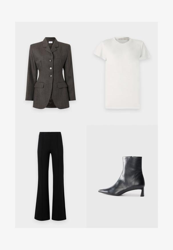 Blazer de rayas gris oscuro con tres botones frontales, cuello con muesca, dos bolsillos con solapa y un bolsillo en el pecho, ajuste entallado.; Camiseta blanca de manga corta hecha de algodón, con escote redondo y corte sencillo. Las etiquetas muestran "DESIGNERS REMIX" dentro del cuello.; Pantalones acampanados negros de cintura alta, fabricados en tejido elástico. Presentan detalles de costura vertical en la parte delantera y una textura suave.; Botín de cuero negro hasta el tobillo con punta afilada y un diseño elegante. Presenta un tacón bajo y un cierre con cremallera en la parte trasera. Textura suave.