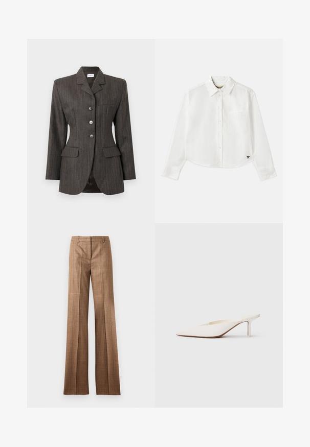 Ciemnoszary żakiet w prążki z trzema guzikami z przodu, wyłogi na kołnierzu, dwoma kieszeniami typu flap oraz jedną kieszenią na piersi, dopasowany krój.; Biały, krótki, długi rękaw koszuli wykonanej z bawełny. Posiada zapięcie na guziki z przodu, kieszeń na piersi oraz małe czarne logo w lewym dolnym rogu.; Brązowe spodnie w kratę o prostym kroju z paskiem i przednim zakładką na jasnoszarym tle.; Białe mule z ostrym noskiem i niskim obcasem w kształcie słupka. Wykonane z gładkiego materiału o minimalistycznym designie i subtelnym brązowym detalem na podeszwie.