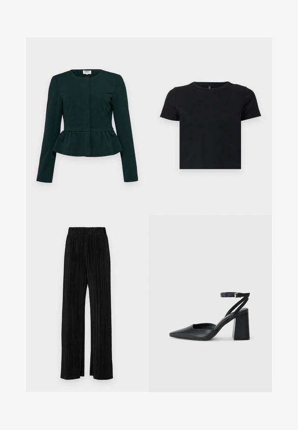 Tamsiai žalia peplumo striukė su ilgomis rankovėmis, apvalia iškirpte ir priekyje užsegama. Pagaminta iš tekstūruotos medžiagos su lygiu paviršiumi.; Juoda trumpomis rankovėmis marškinėliai, pagaminti iš švelnios medvilnės. Turi apvalų kaklą ir prigludusį dizainą. Lygi tekstūra be raštų ar akcentų.; Juodi plisuoti kelnės su elastine juosta. Turėkite plačias kojas ir glotnų, tekstūrinį audinį su vertikaliais dryžiais.; Juoda odinė smailiagalė aukštakulnio bateliai su kulkšnies dirželiu ir storu kulnu. Lygus paviršius, elegantiškas dizainas ir minimalistiška estetinė.