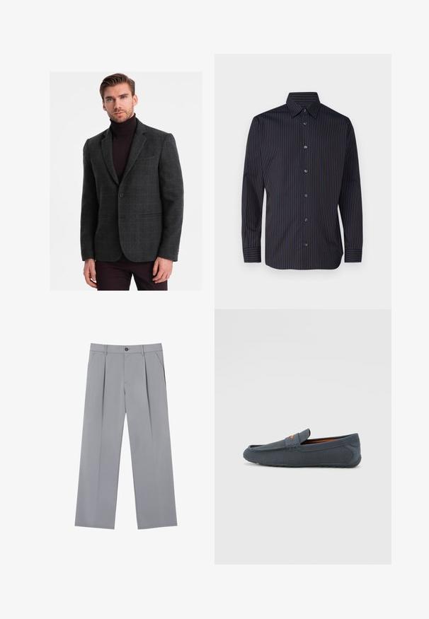 Šedý kostkovaný blejzr vyrobený z texturované látky s klopovými límci a jedním knoflíkem, spárovaný s tmavým rolákem.; Námořnická košile s vertikálními hnědými pruhy, dlouhými rukávy, límcem na knoflíky a šesti knoflíky vpředu, s hladkou texturou látky.; Šedé skládací kalhoty s volným střihem, vyrobené z lehkého materiálu. Obsahují přední kapsy a knoflíkovou uzávěrku v pase.; Šedé perforované mokasíny s jednoduchým obutím, které mají oranžový akcent, zaoblenou špičku a strukturovanou gumovou podrážku.