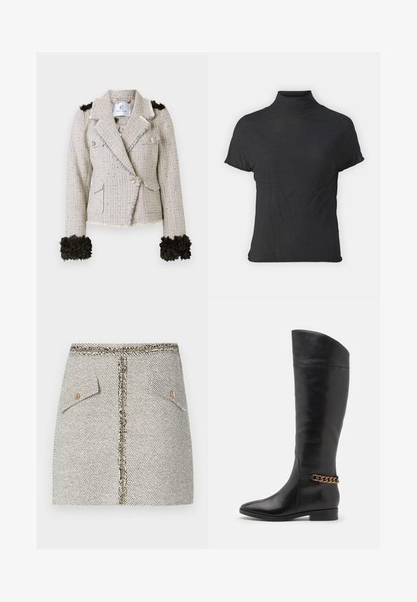 Tweedjacke in hellem Beige mit strukturiertem Finish, fransigen Kanten, zwei Knöpfen und schwarzen floralen Akzenten an den Manschetten.; Schwarzes, kurzärmliges Turtleneck-Oberteil aus leichtem Stoff mit glatter Textur und figurbetonter Passform, ausgestattet mit einem hohen Kragen.; Wolltweed-Rock im weißen und schwarzen Fischgrätenmuster, verfügt über zwei Fronttaschen und einen Reißverschluss in goldfarbener Optik auf der Rückseite mit fransigen Kanten.; Hohe schwarze Lederstiefel mit elegantem Design, spitzer Zehe und einem goldenen Kettenakzent am Knöchel. Tiefer Blockabsatz. Glatte Textur.